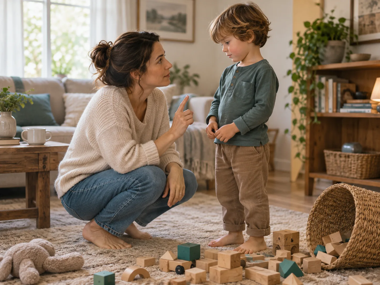 A parent kneels to speak calmly with a child beside wooden blocks