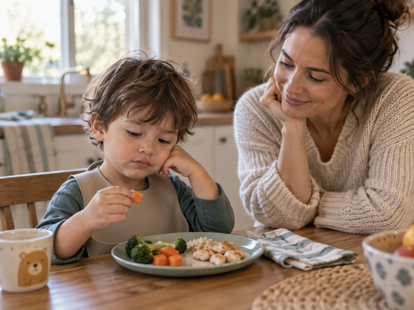 A child looks at a piece of carrot while a parent sits beside them at the table