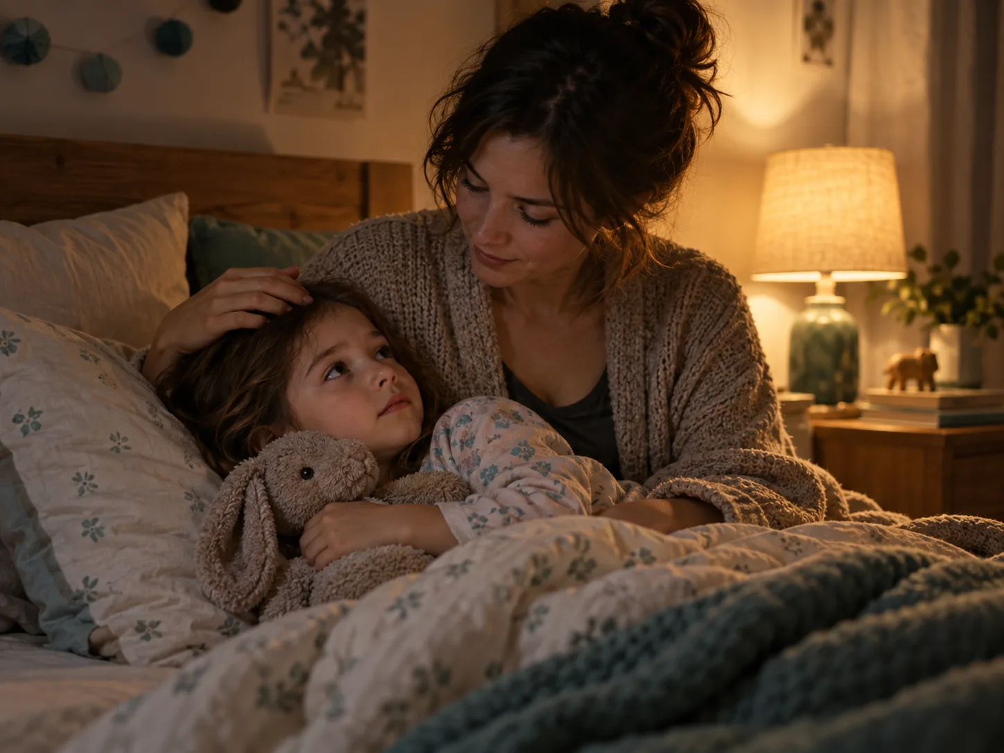 A parent comforts a wakeful child in a softly lit bedroom