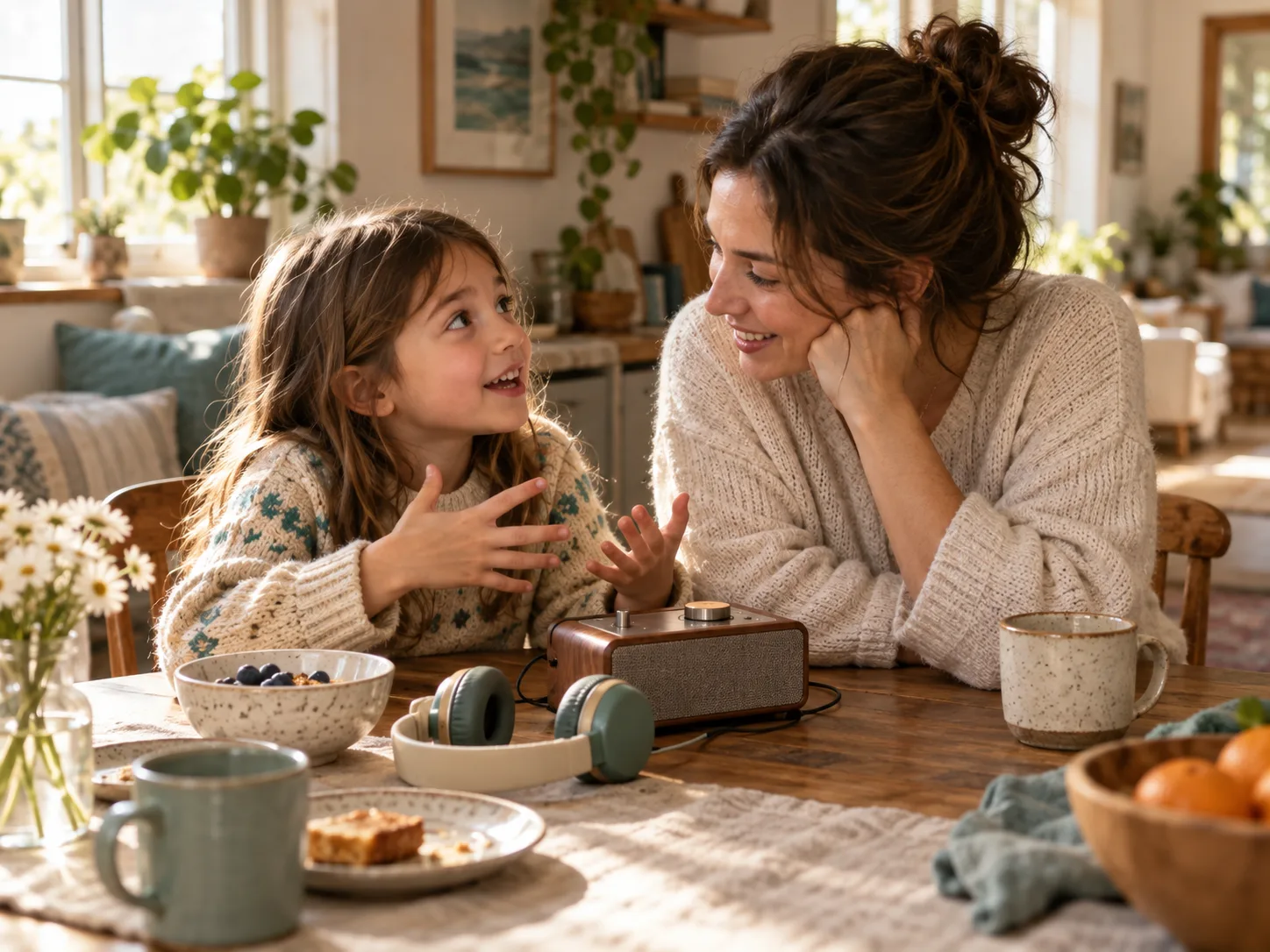 A child excitedly talks with a parent beside an audio player and headphones
