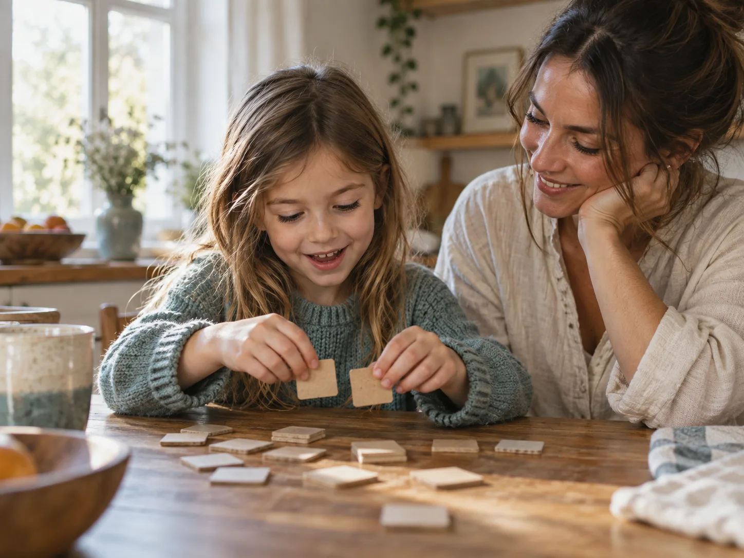 A child and parent play with small cardboard tiles at a kitchen table