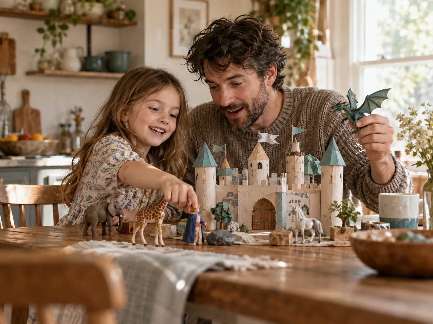 A parent and child invent a story with toy animals and a cardboard castle