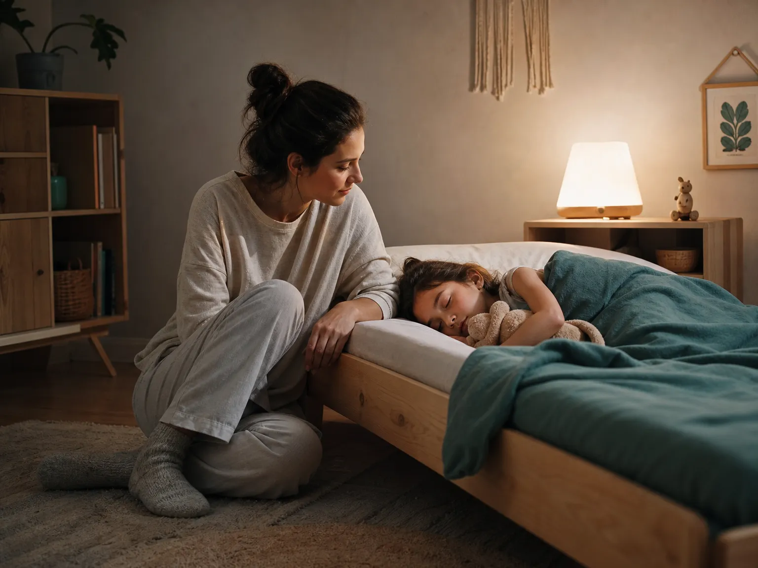 A parent sits quietly beside a low bed where a preschool child sleeps, with a clear floor and a softly glowing bedside lamp.