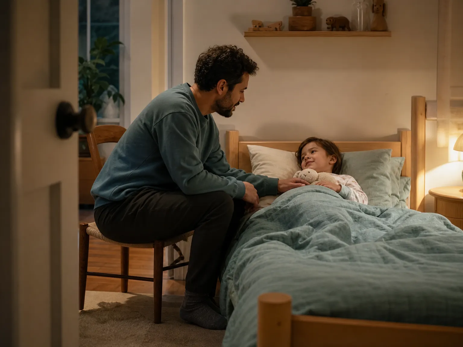 A parent sits on a wooden chair beside an open bedroom door, reassuring a preschooler tucked into bed in a softly lit room.