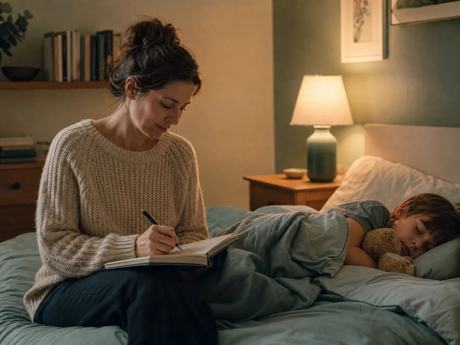 A parent sits beside a sleeping school-age child in a softly lit bedroom, quietly noting observations in a notebook.