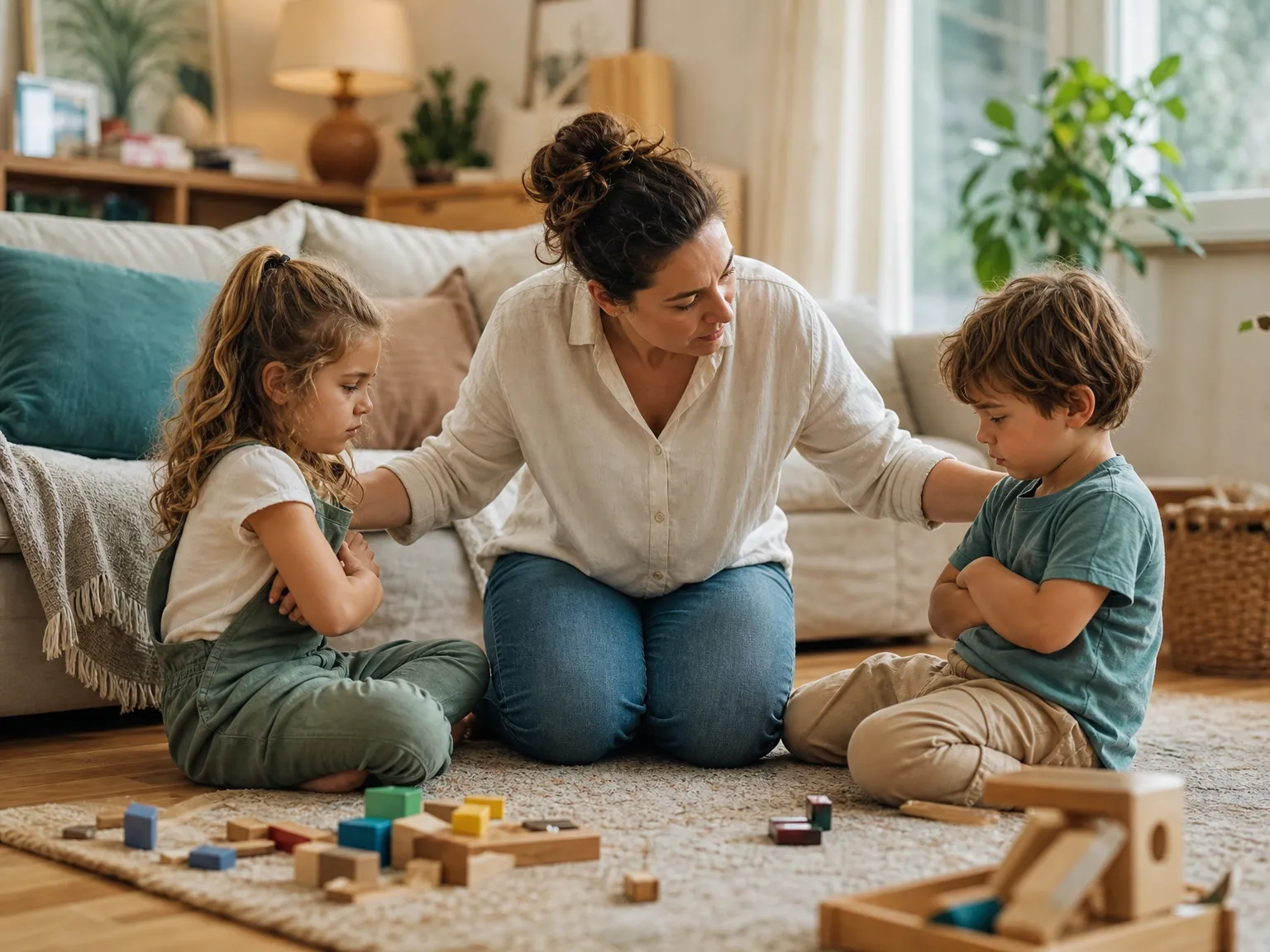 A parent kneels between two young children in a warm living room, calmly helping them pause after a toy dispute