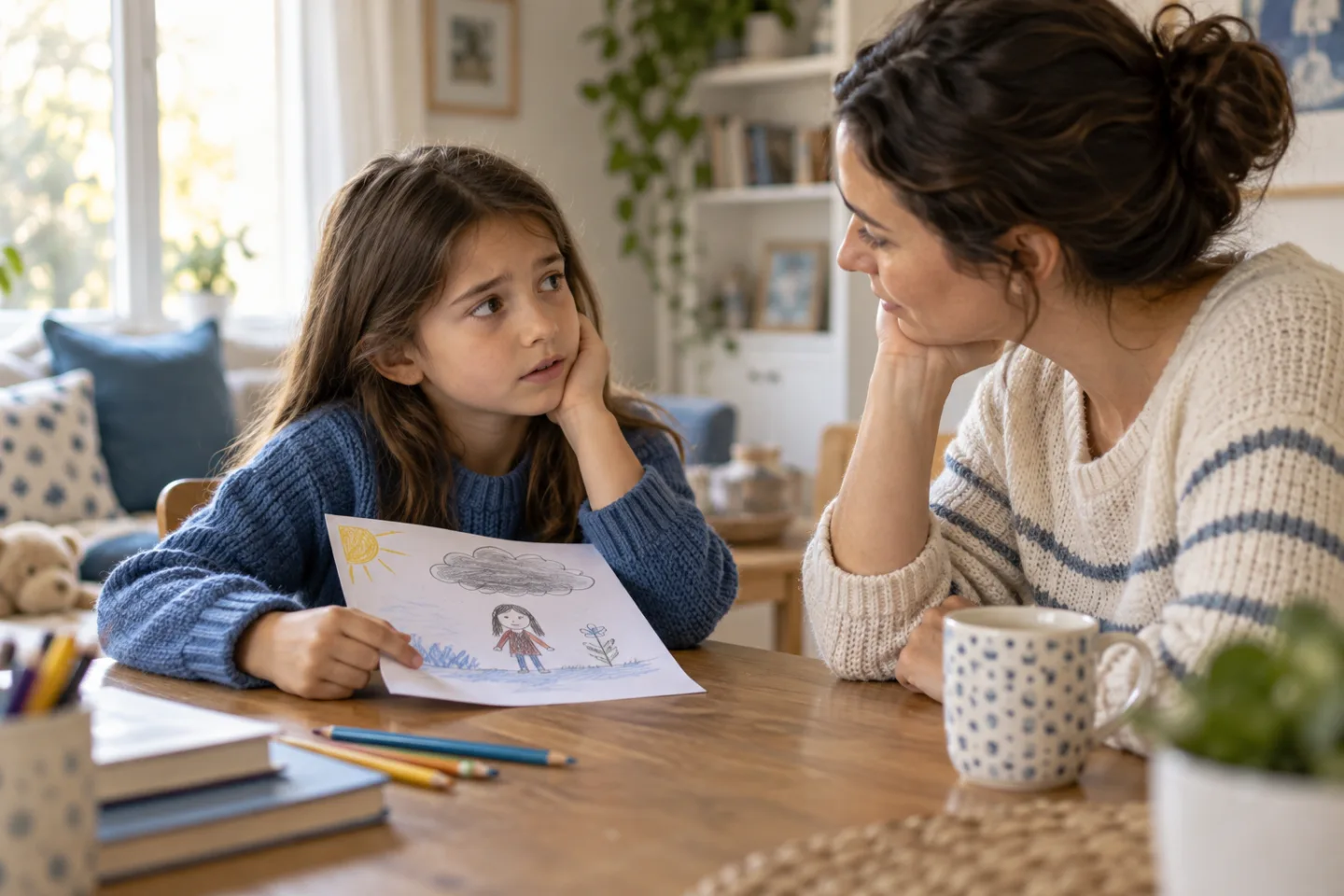 A child shares a drawing with a parent who listens attentively at a kitchen table