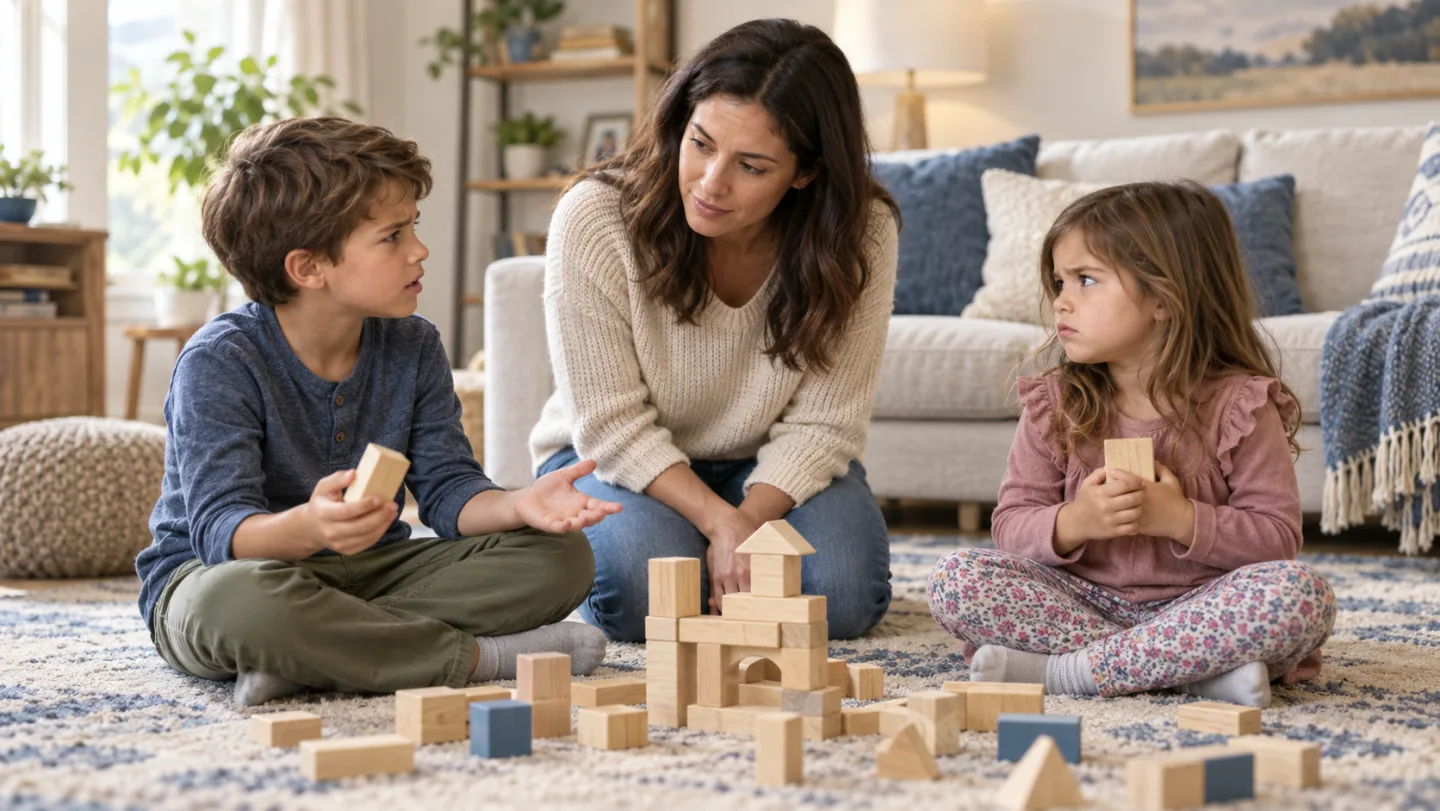 A parent kneels beside two siblings and listens as they disagree over wooden blocks