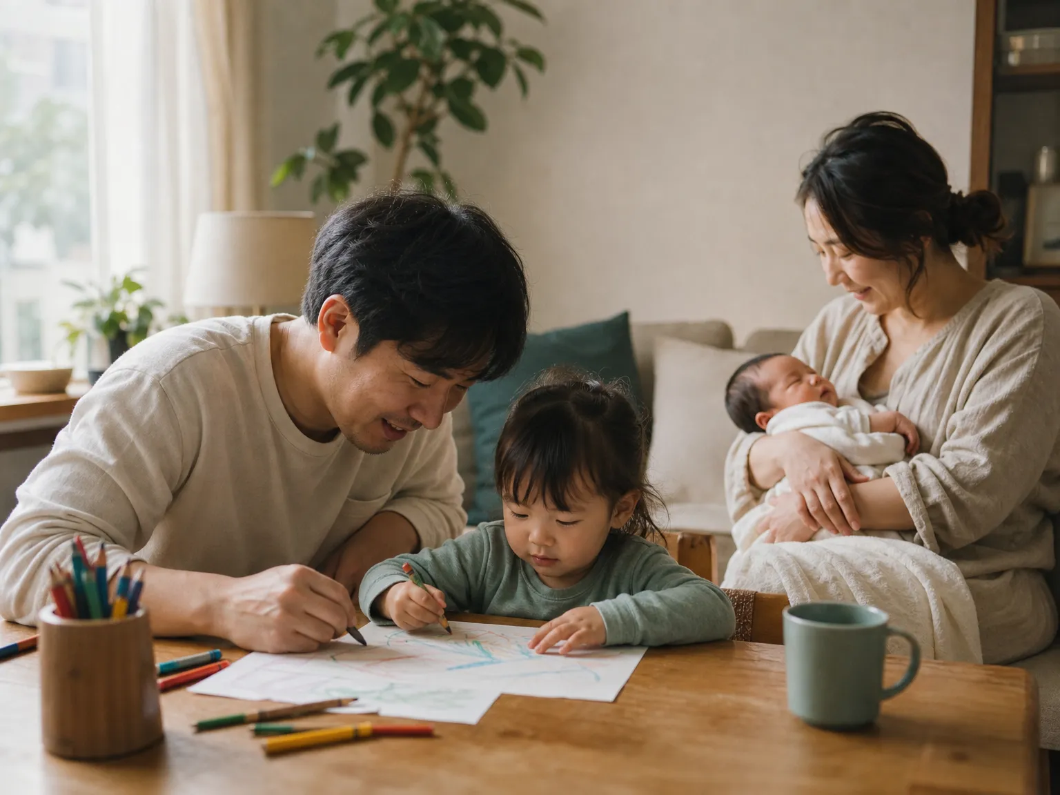 A parent and a preschooler draw together at a wooden table while another caregiver holds a newborn nearby in a softly lit living room.