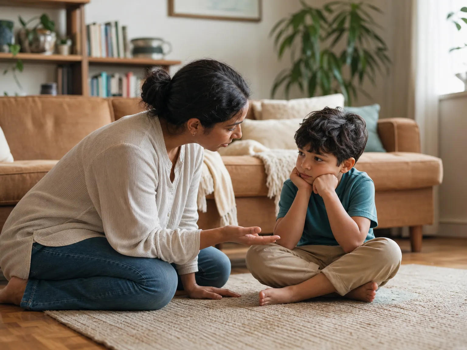 A parent kneels beside a child on a living room rug, speaking gently after a tense moment while the child listens at their own pace