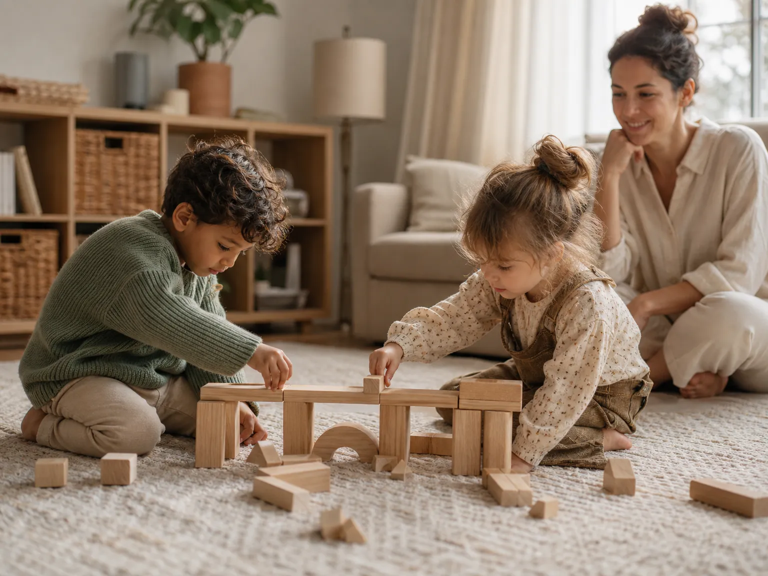 Two young children build a wooden block bridge on a living room rug while a parent sits nearby in soft window light.
