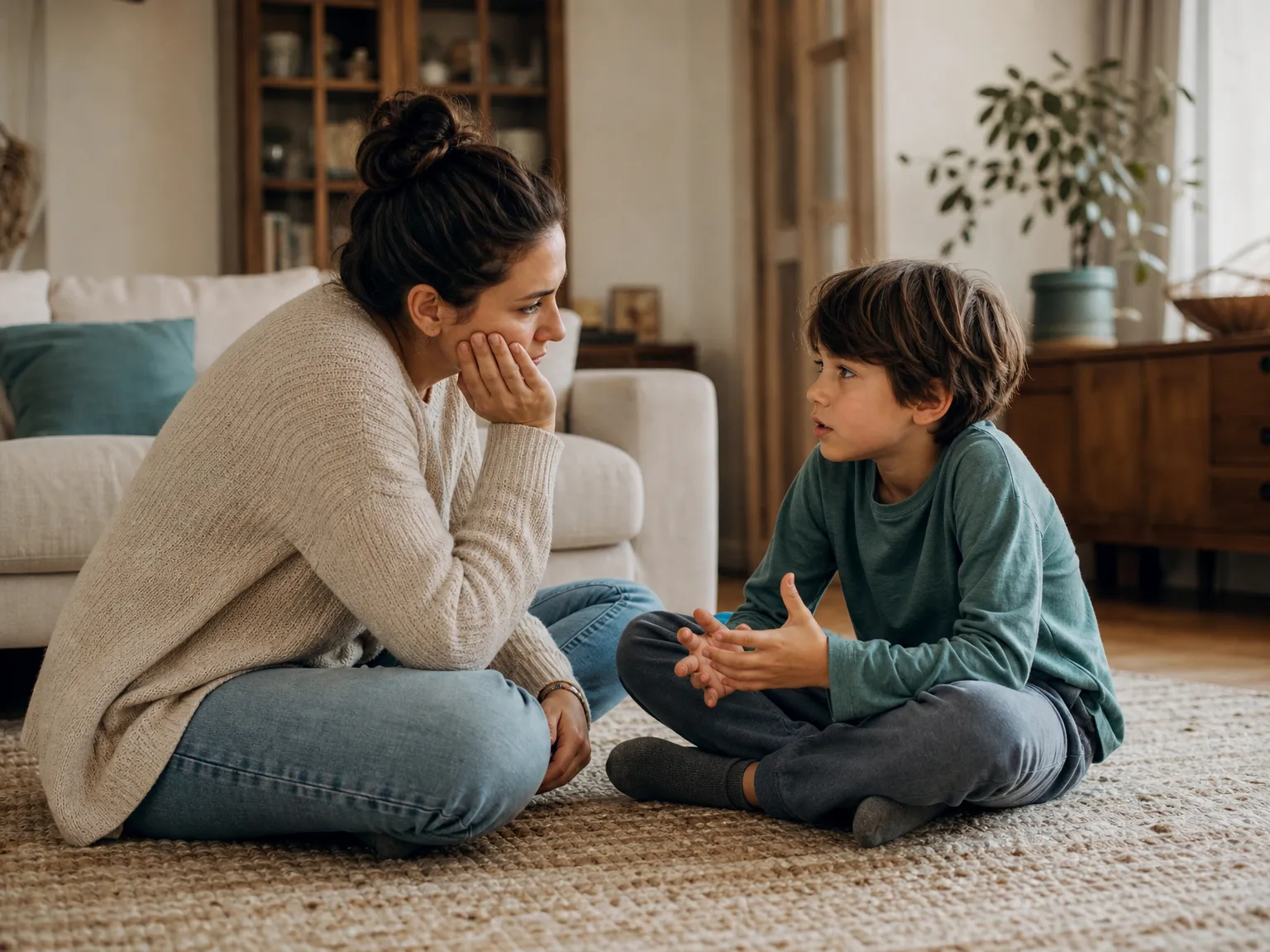 A parent listens to a school-age child on a living room rug after the child has been left out of a game