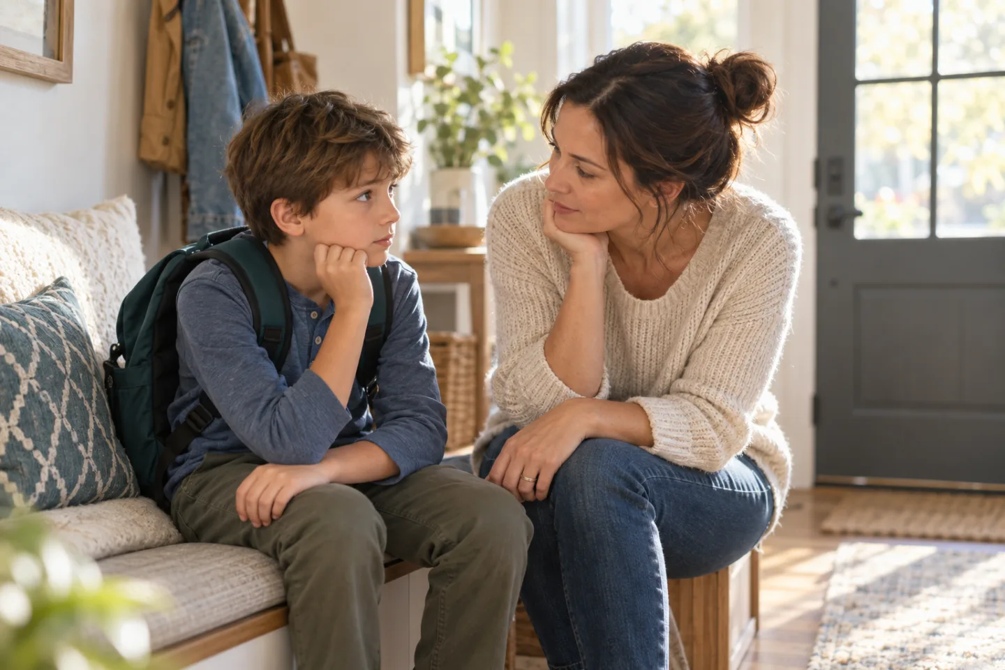 A parent listens closely to a child wearing a school backpack at home after school