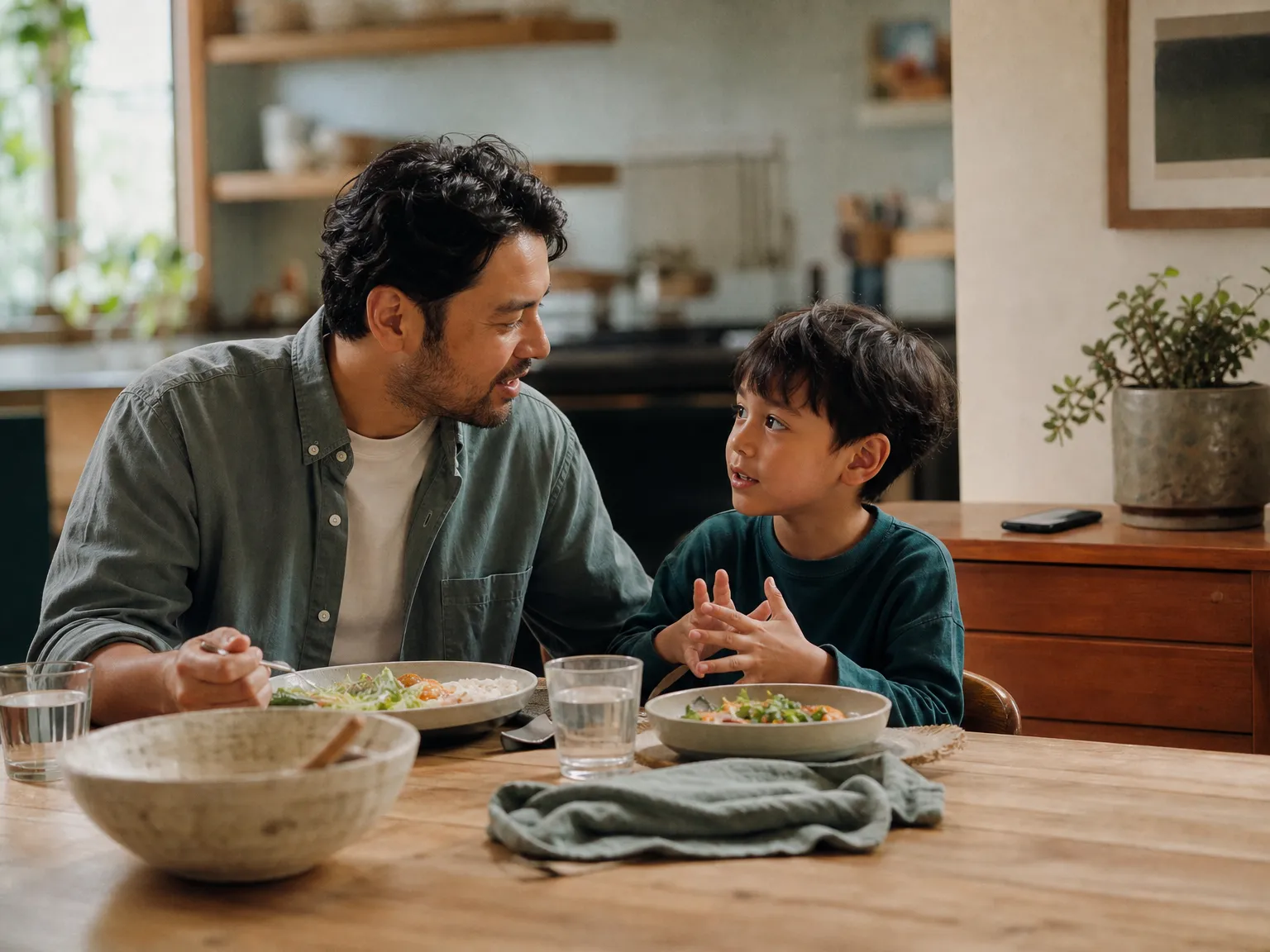 A parent and young child talking over dinner at a wooden table, with a phone resting on a sideboard in a warmly lit kitchen.