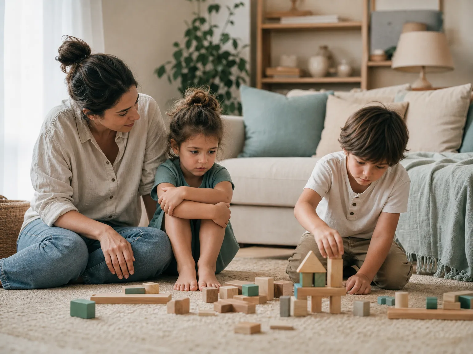 A parent sits beside a hesitant young child as another child builds with wooden blocks on a cream rug in a softly lit living room.