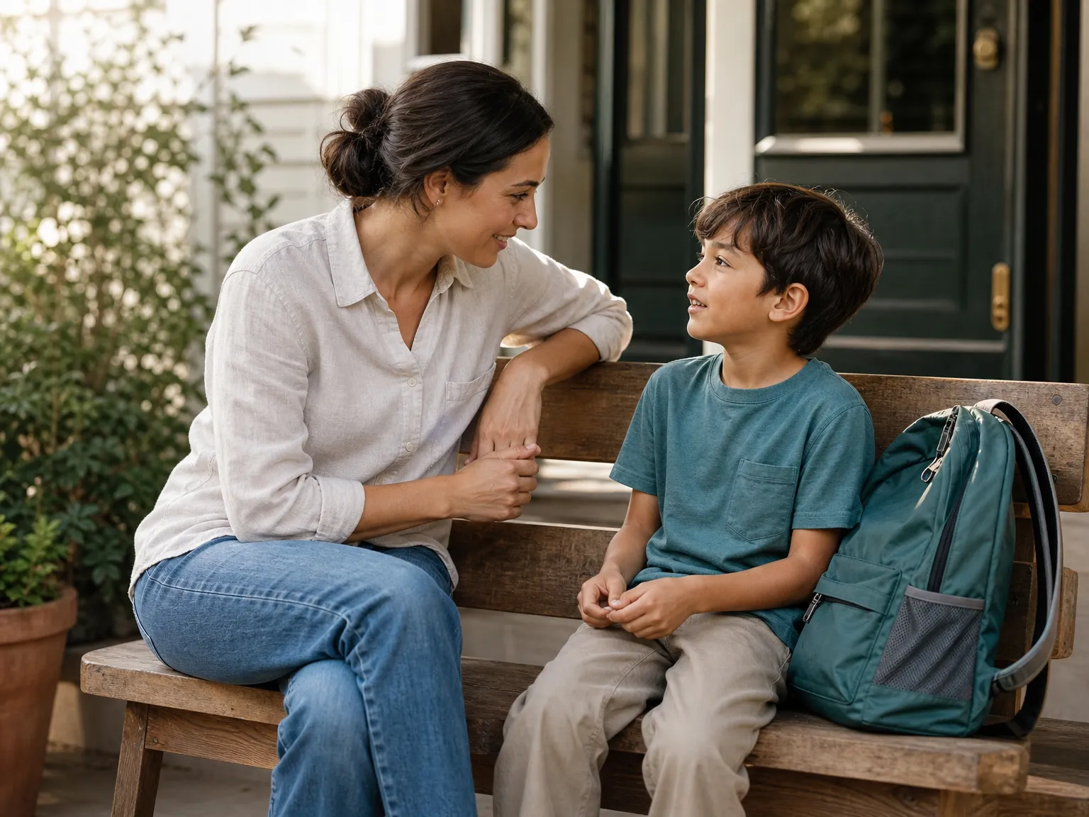 A parent listens to a school-age child on a wooden bench by the front door at home, with the child's backpack beside them in soft morning light.