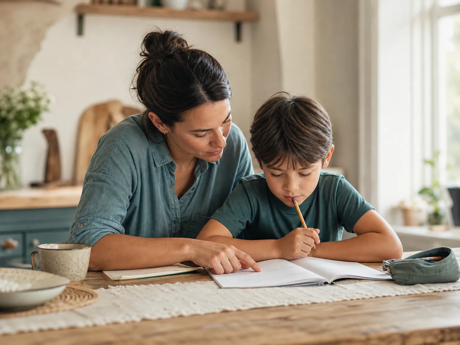 A parent and school-age child sit together at a wooden kitchen table, calmly choosing where to begin in an open homework notebook.