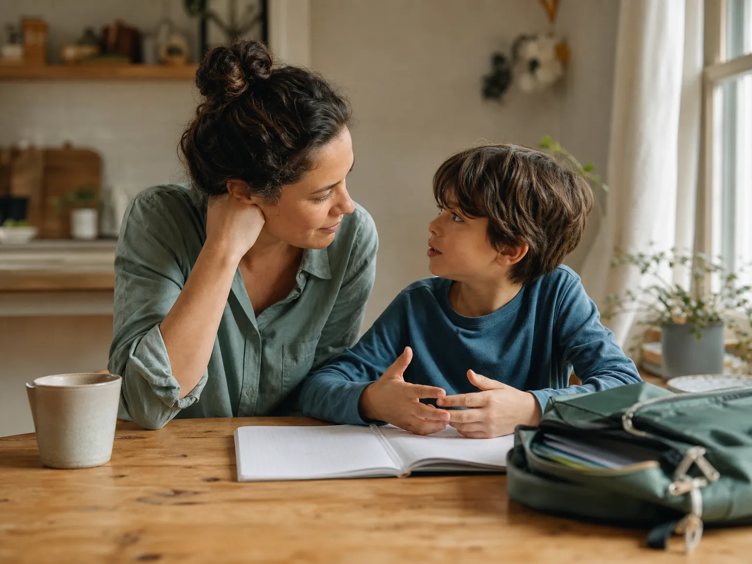 At home in soft afternoon light, a parent listens to a school-age child beside an open notebook and backpack at a wooden table.