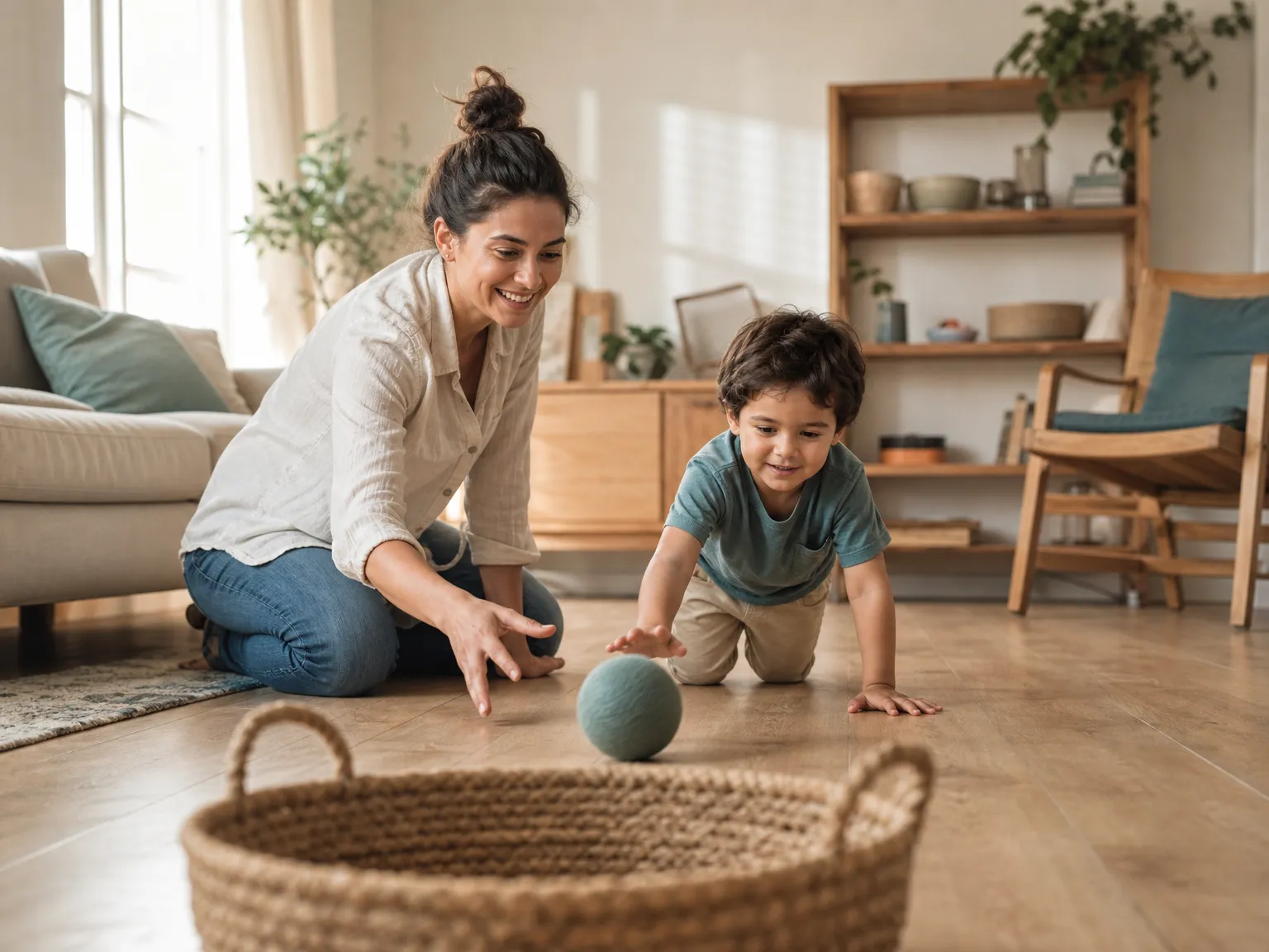 A parent and young child roll a soft ball toward a wide basket on a clear living room floor in warm natural light.