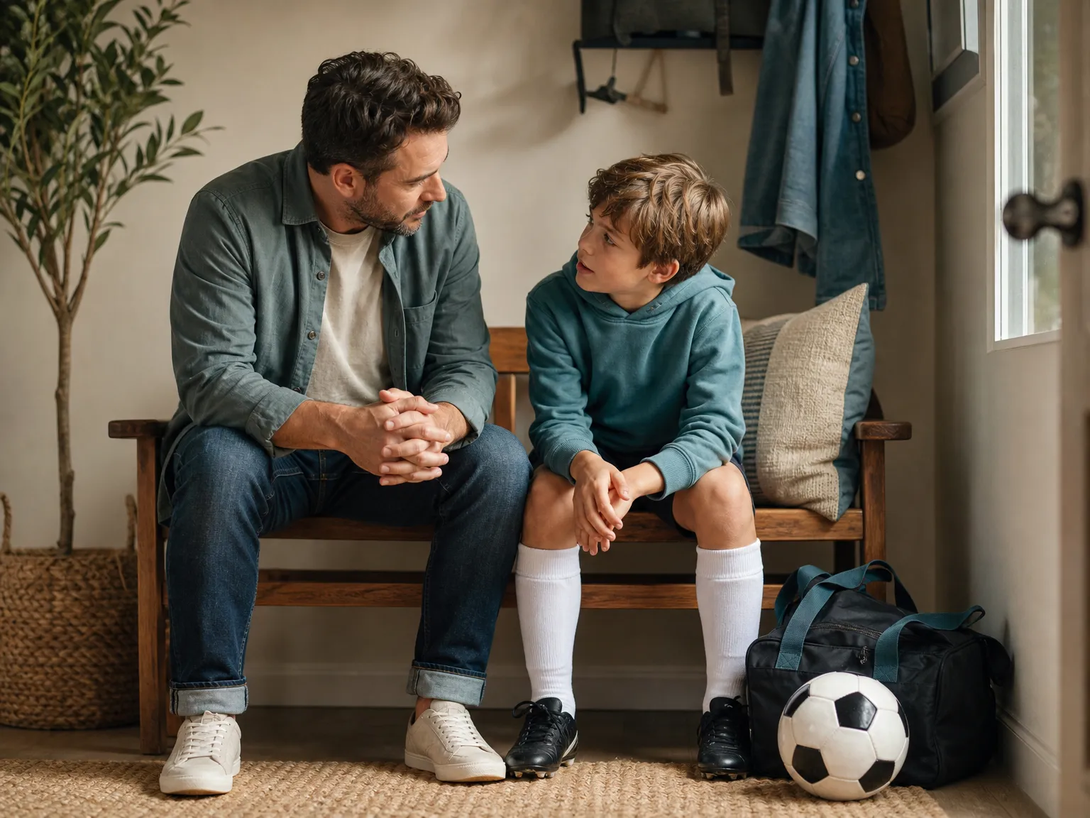 A parent and a school-age child talking on a wooden bench in a softly lit home entryway, with a soccer ball and sports bag beside them.