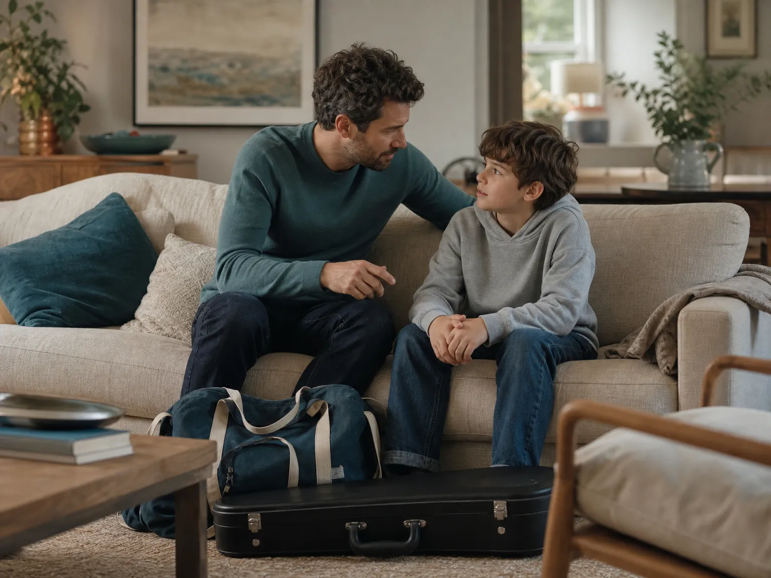 A parent and school-age child sit together on a cream sofa, talking beside a sports bag and a closed violin case in a softly lit living room.