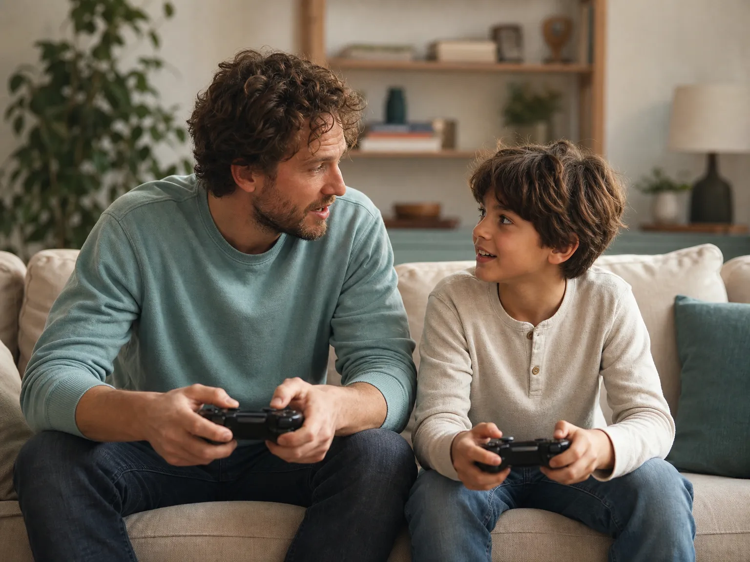 A parent and a school-age child sit together on a cream sofa, holding game controllers and talking in a softly lit living room.