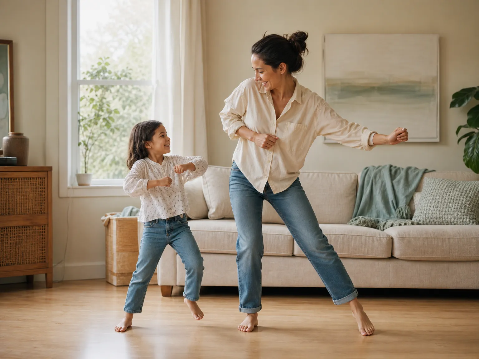 A school-age child and parent mirror each other's dance steps on a clear living room floor beside a linen sofa in soft daylight.
