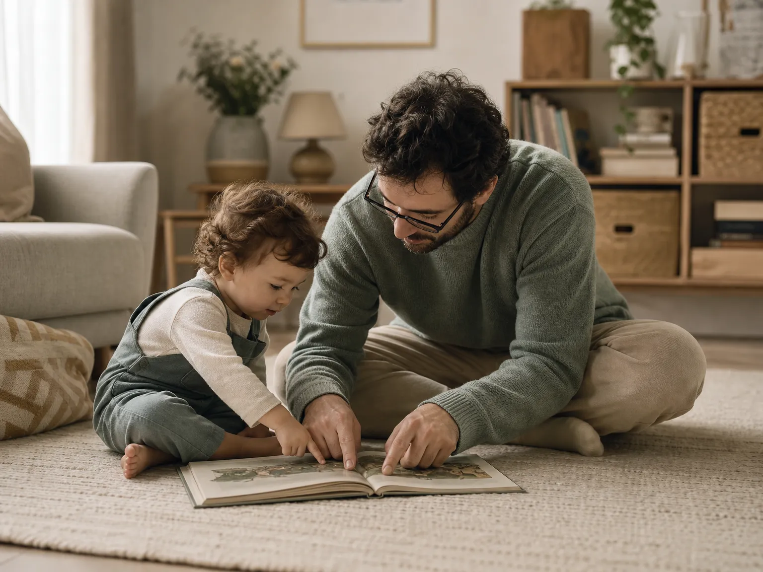 A parent and toddler sit face to face on a cream rug, pointing together at a picture book in a softly lit living room.