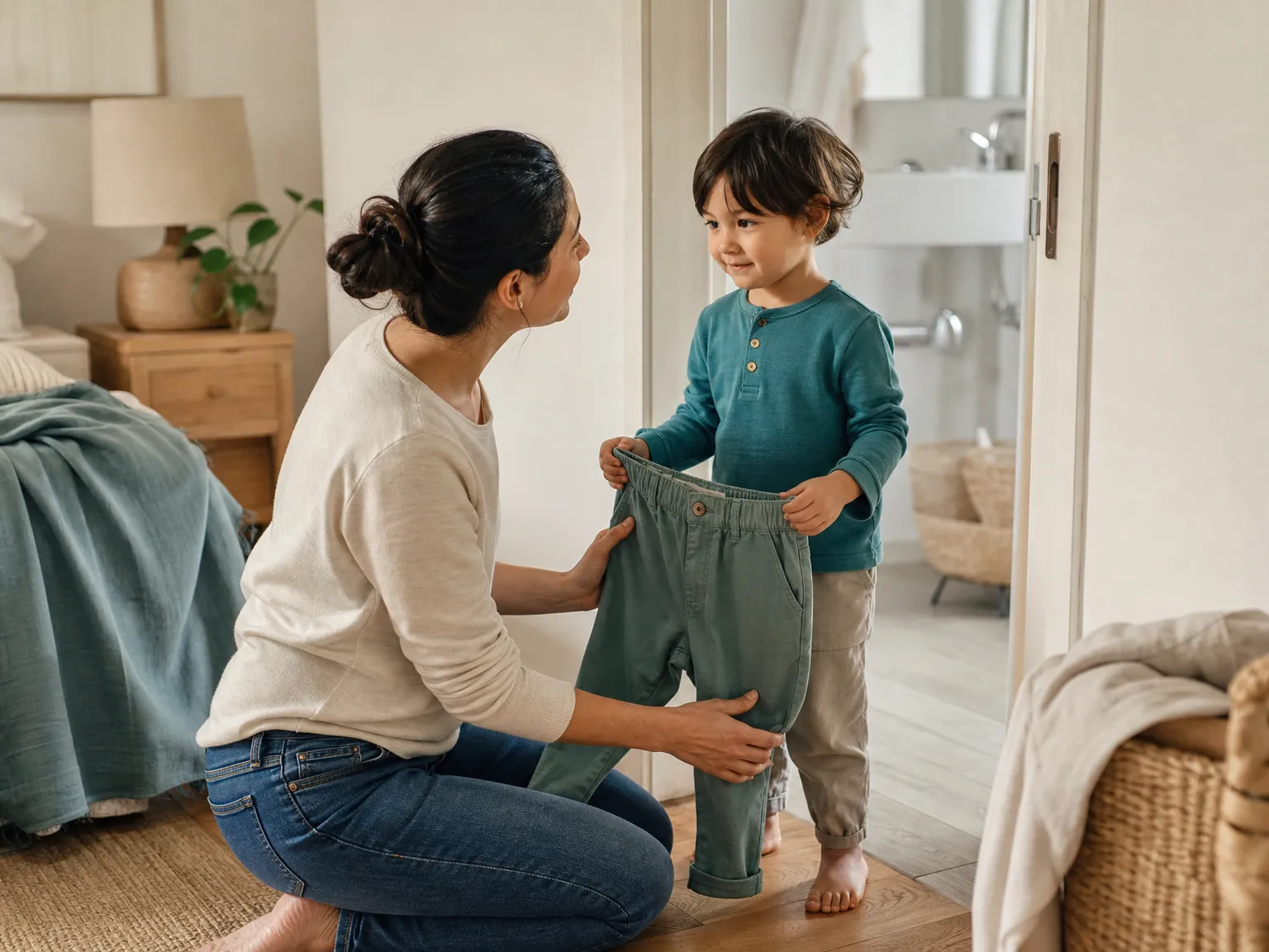 A parent kneels beside a fully clothed preschooler holding clean trousers near a bathroom doorway in a warmly lit home.