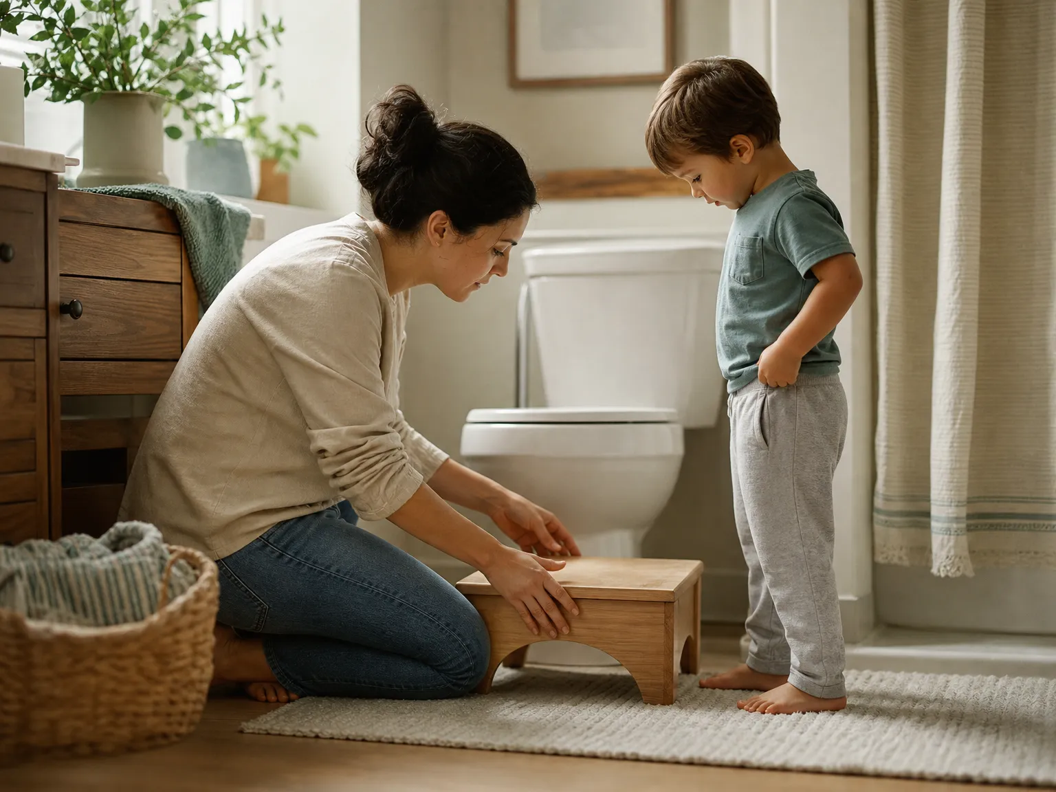 A parent kneels beside a fully clothed preschooler in a softly lit home bathroom, arranging a sturdy footstool in front of the toilet.