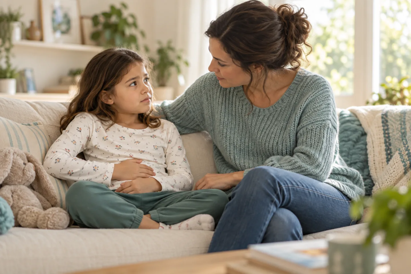 A parent listens to a child resting a hand on their abdomen while sitting together on a sofa