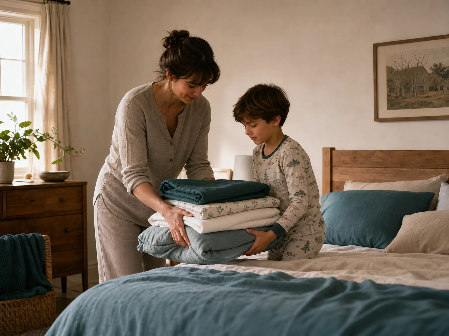 A parent and a school-aged child in pajamas calmly place fresh folded bedding beside a bed in a softly lit bedroom.