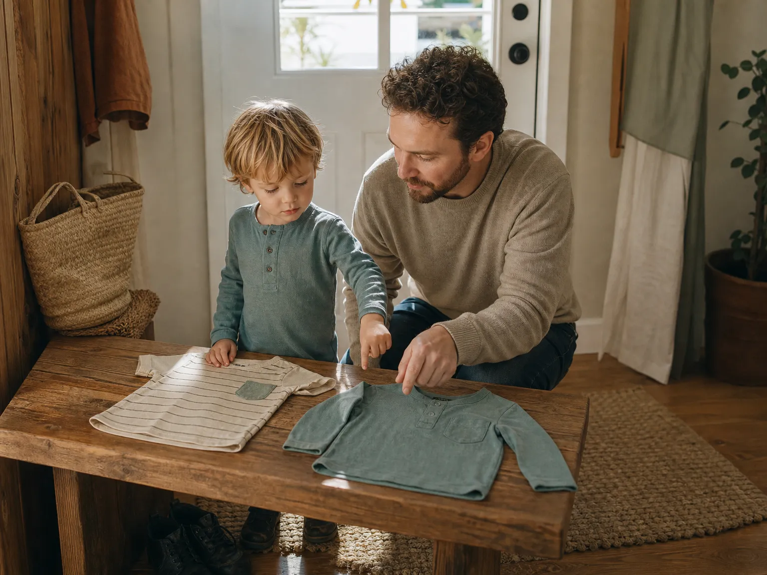 A parent kneels beside a young child choosing between two shirts laid out on a wooden bench by the front door in soft morning light.