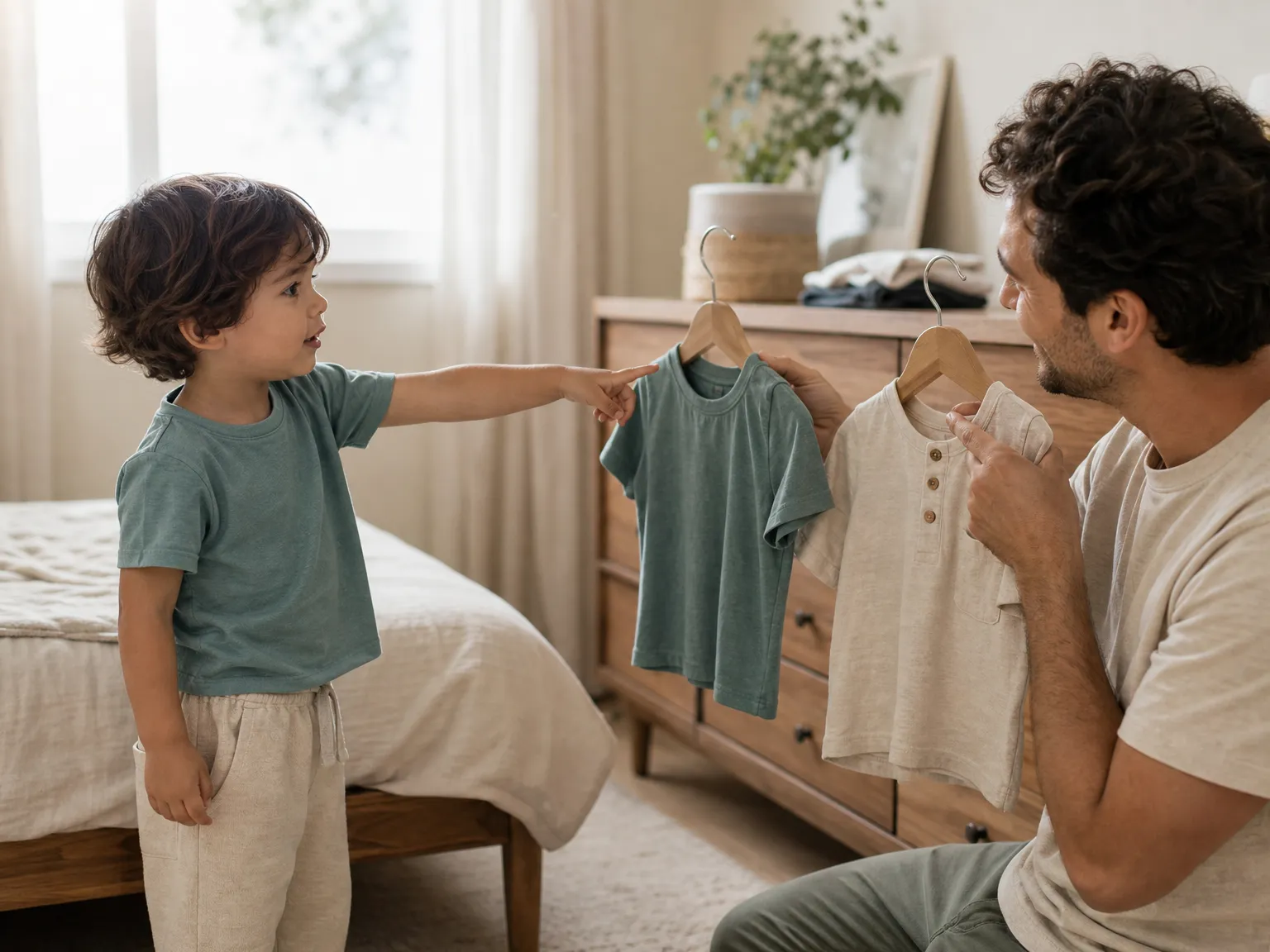 A young child in a softly lit bedroom points toward one of two shirts held out by a parent beside a low wooden dresser.