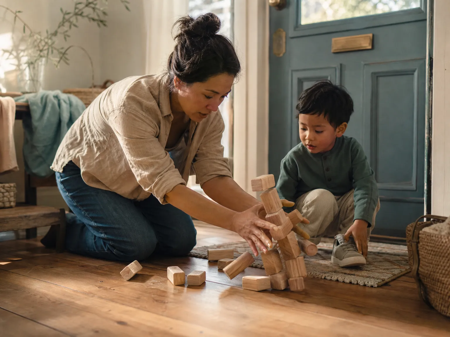 A parent kneels beside a young child saving a wooden block tower before they put on shoes by the front door in soft morning light.