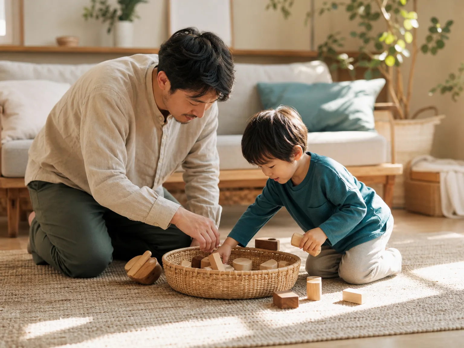 A parent and young child kneel together on a living room rug, each placing wooden blocks into a low basket in soft afternoon light.