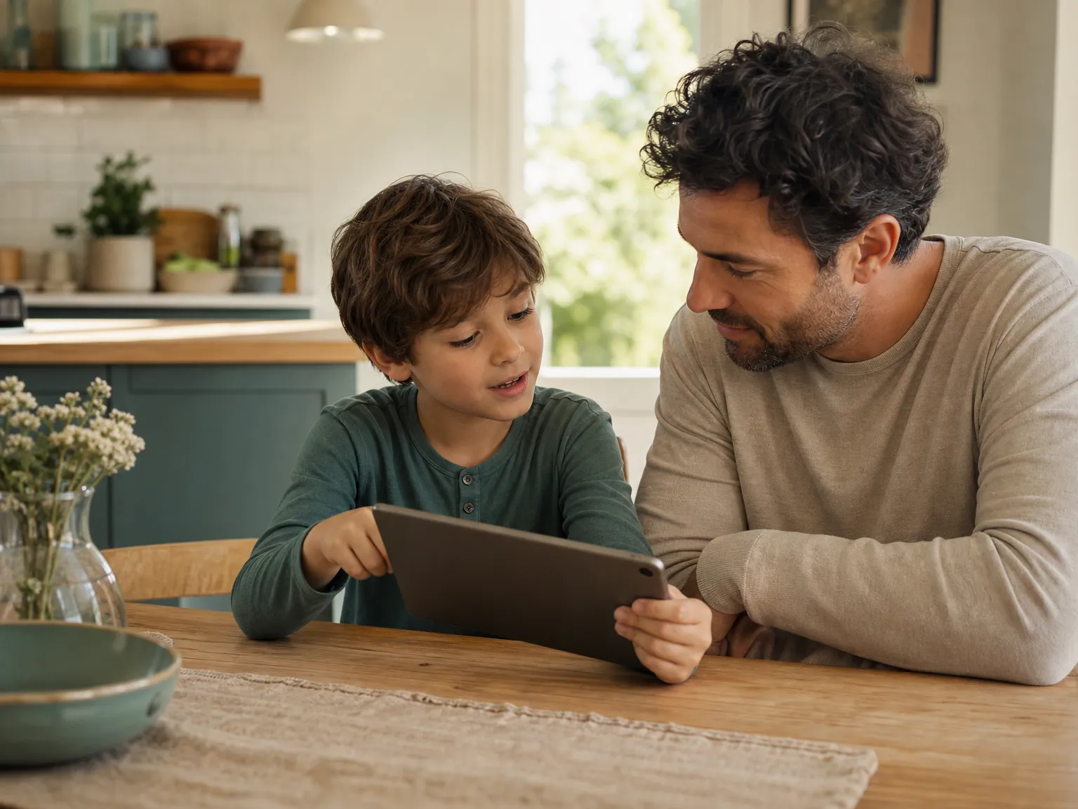 A school-age child shows a tablet to a parent seated beside them at a wooden kitchen table, while the parent listens calmly in soft daylight.