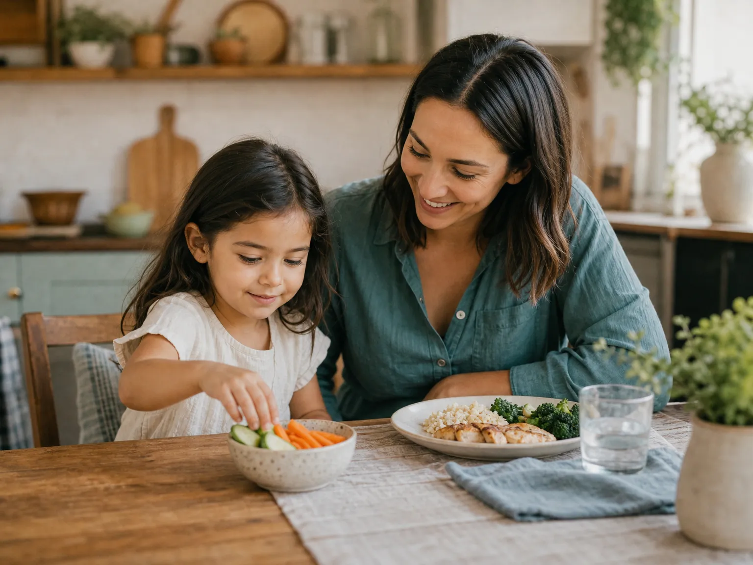 A young child and parent at a warm kitchen table, choosing a planned snack from a small bowl beside a simple family meal