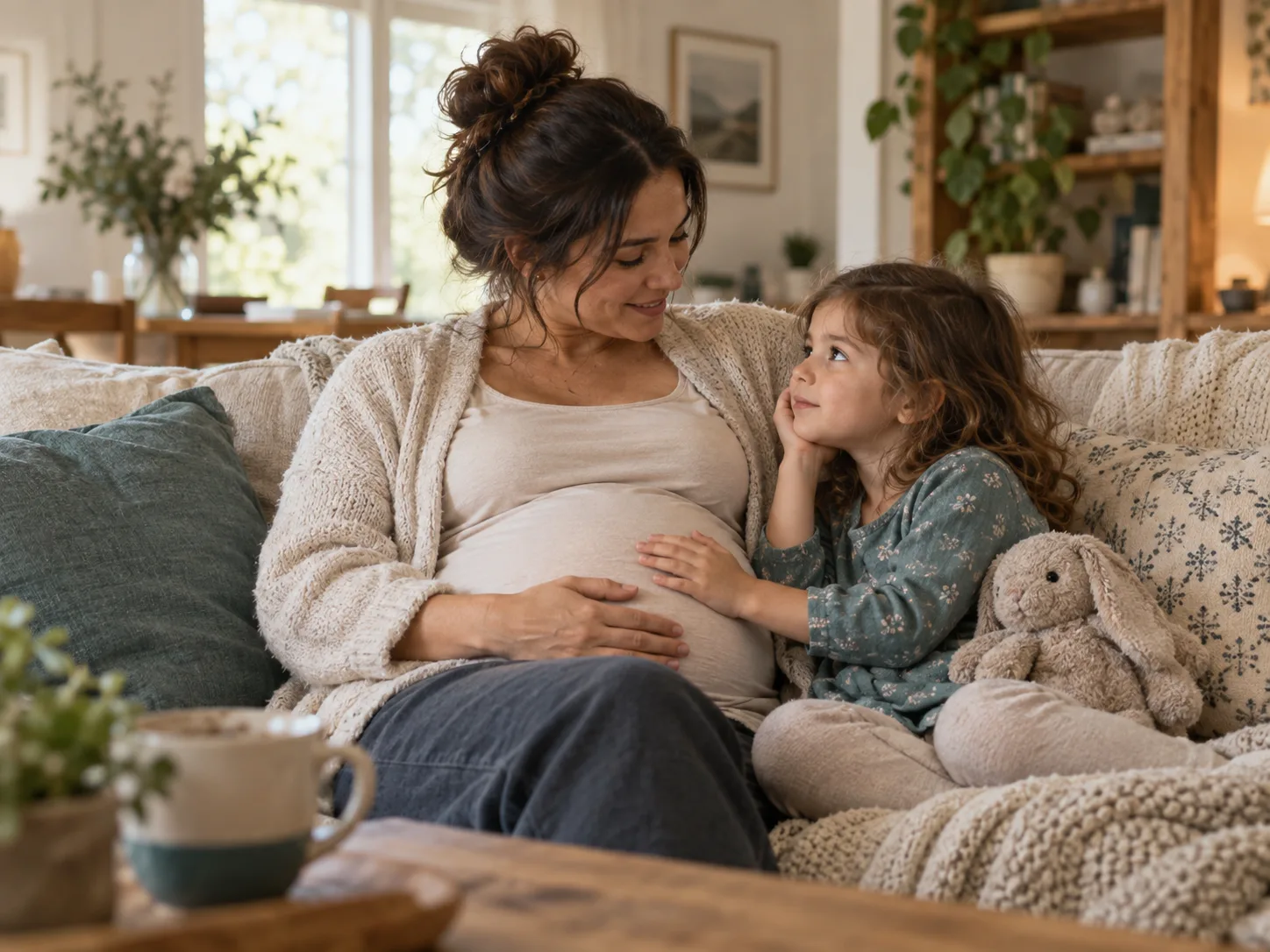 A pregnant parent and an older child sit together and talk on a sofa
