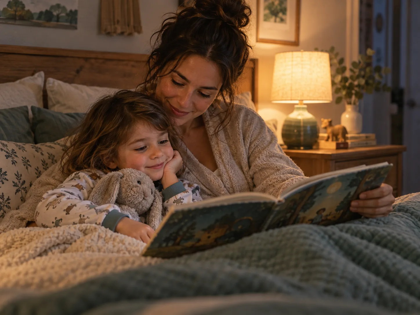 A parent reads a picture book with a child in bed by a warm lamp