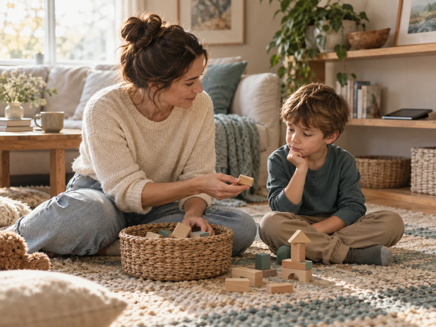 A parent offers wooden blocks to a child after putting a tablet away