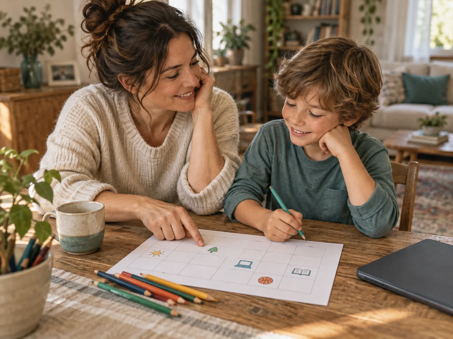 A parent and child plan a balanced day of activities on paper