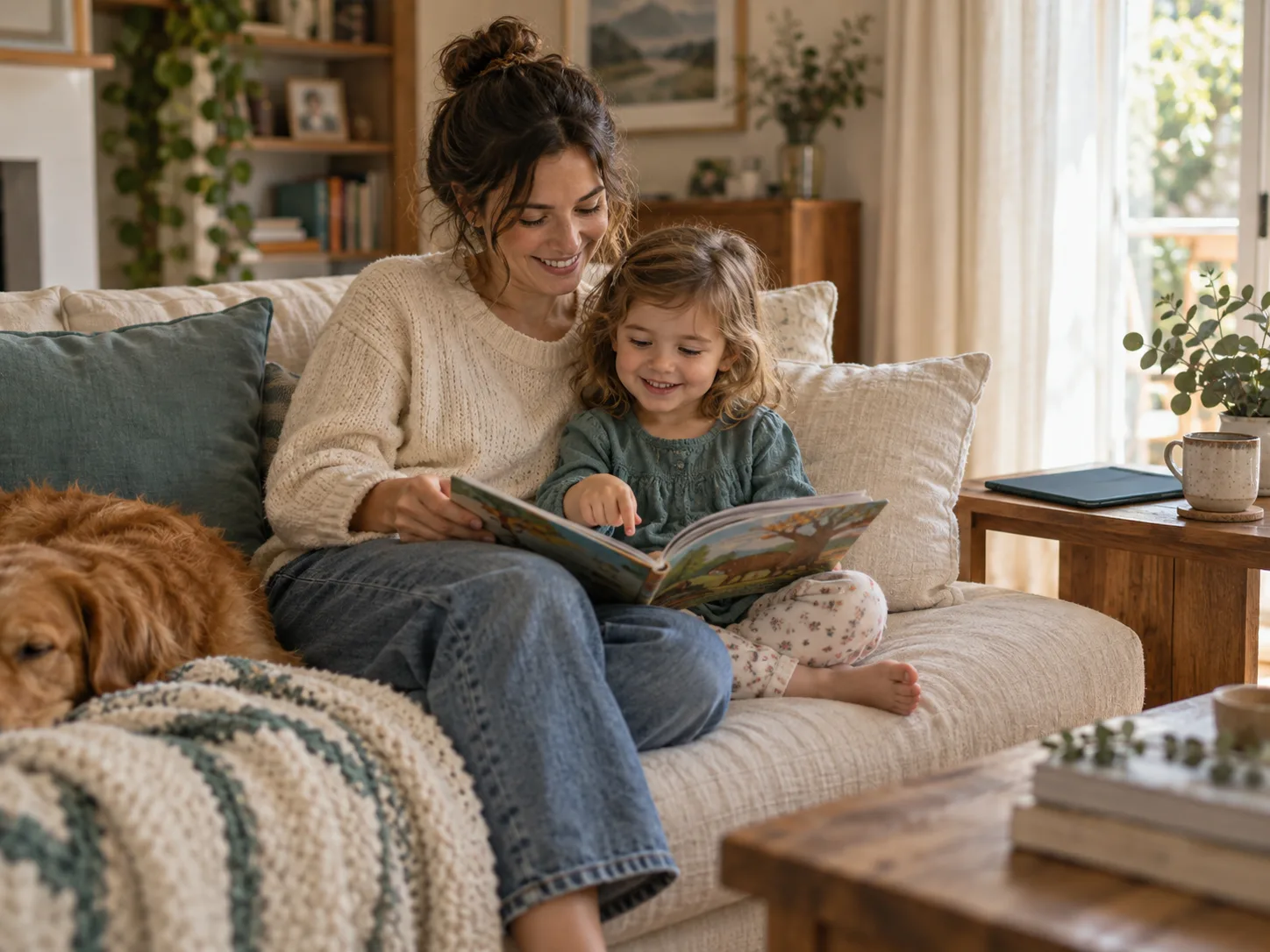 A parent and four-year-old read together while a tablet rests closed nearby