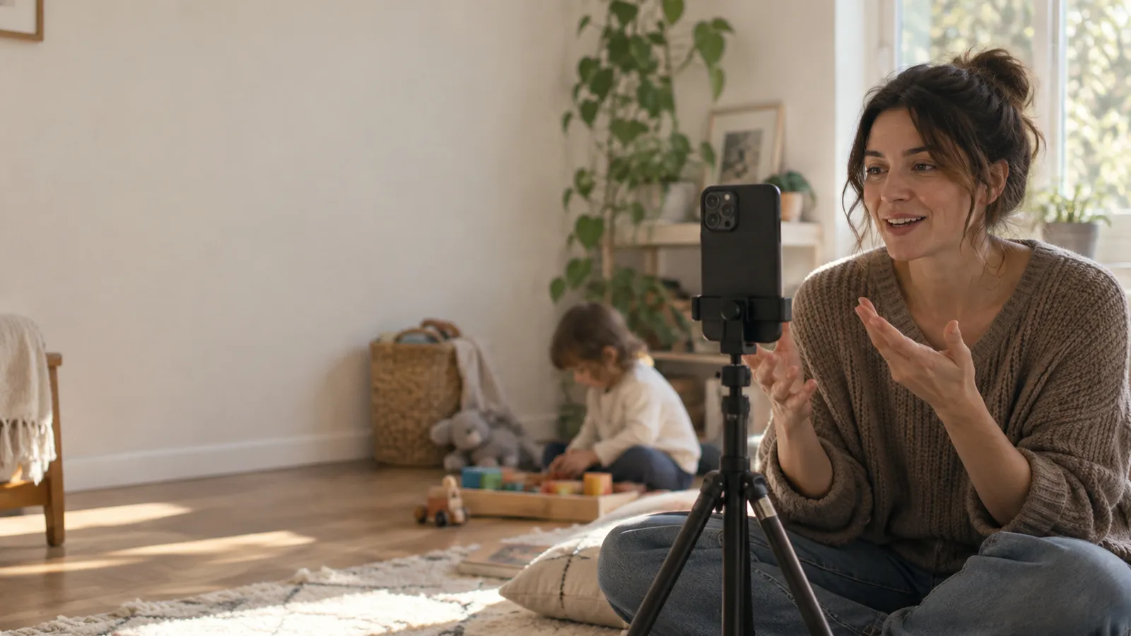 A parent filming a video while her child plays