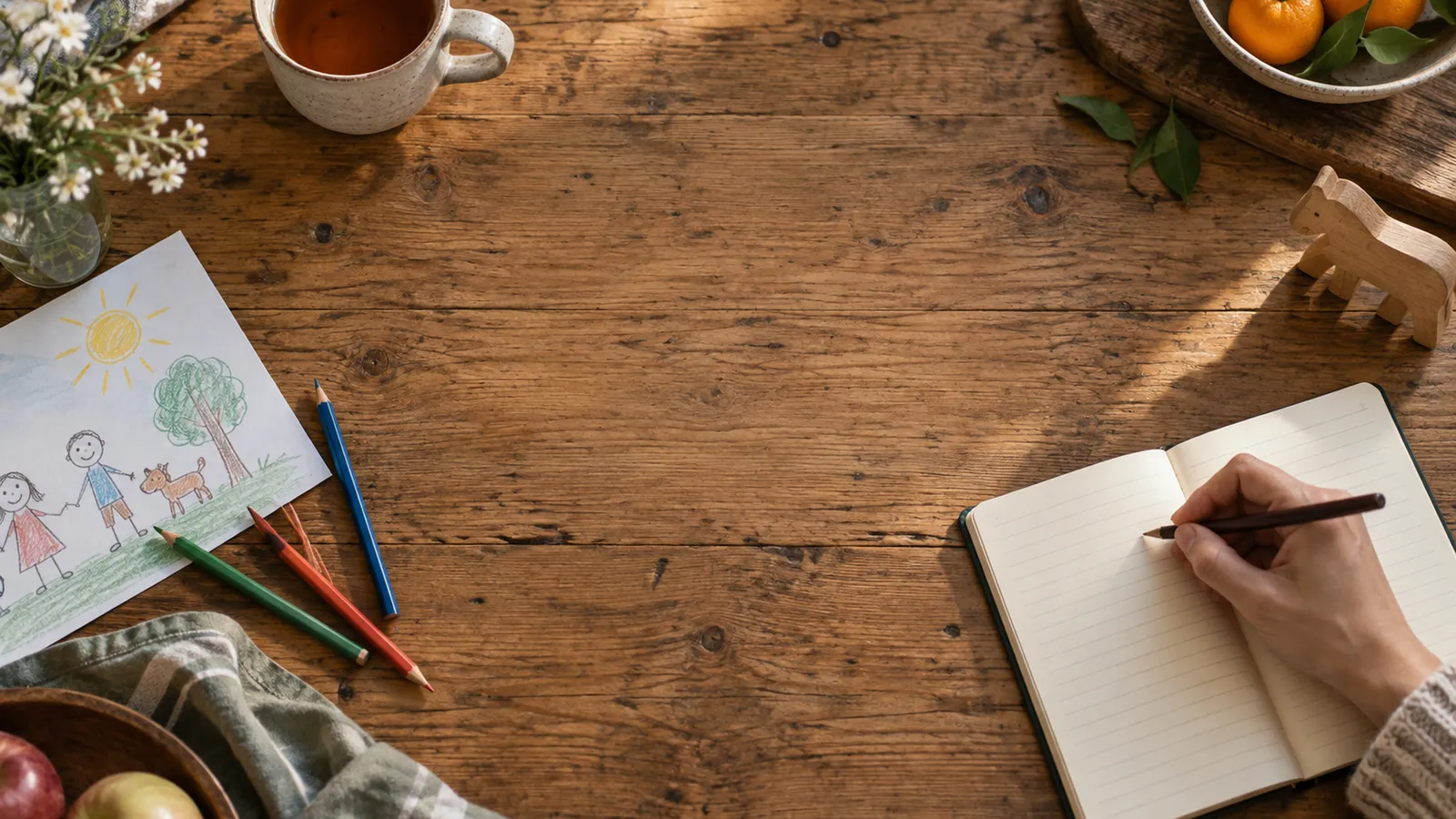 A notebook, colored pencils and a child’s drawing on a wooden table