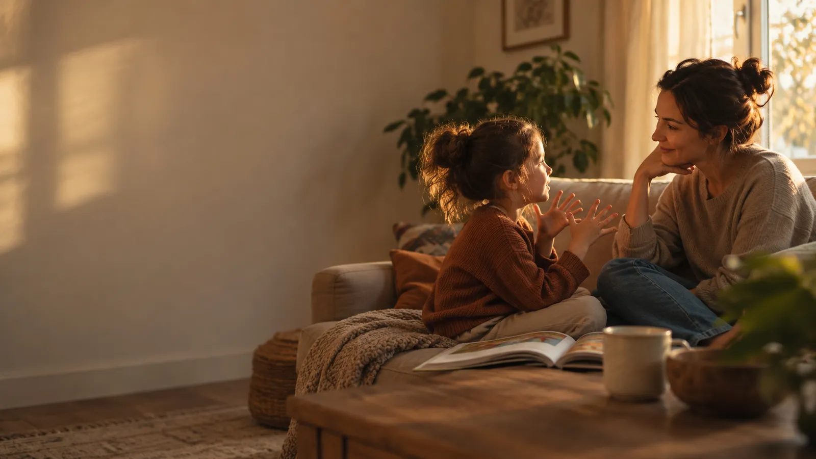 A child excitedly explaining something to her mother on the sofa in warm evening light